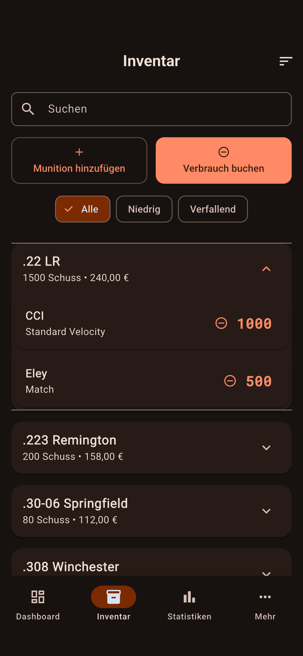 Bestandsliste mit Kalibern und Mengen