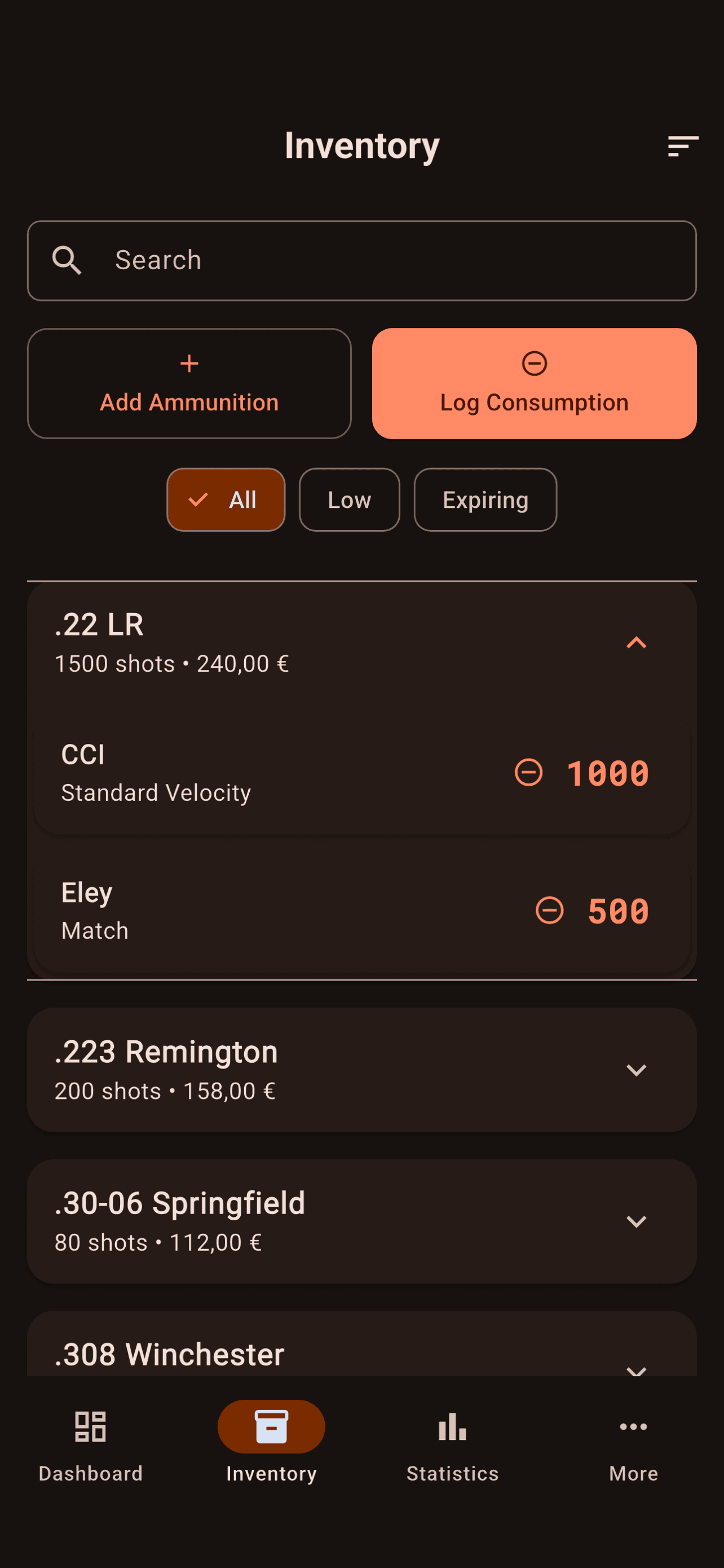Inventory list with calibers and quantities